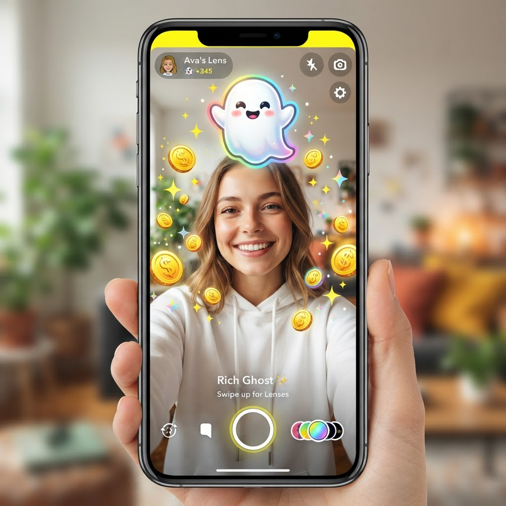 Phone screen showing the GHOSTY augmented reality lens with a floating ghost and raining coins